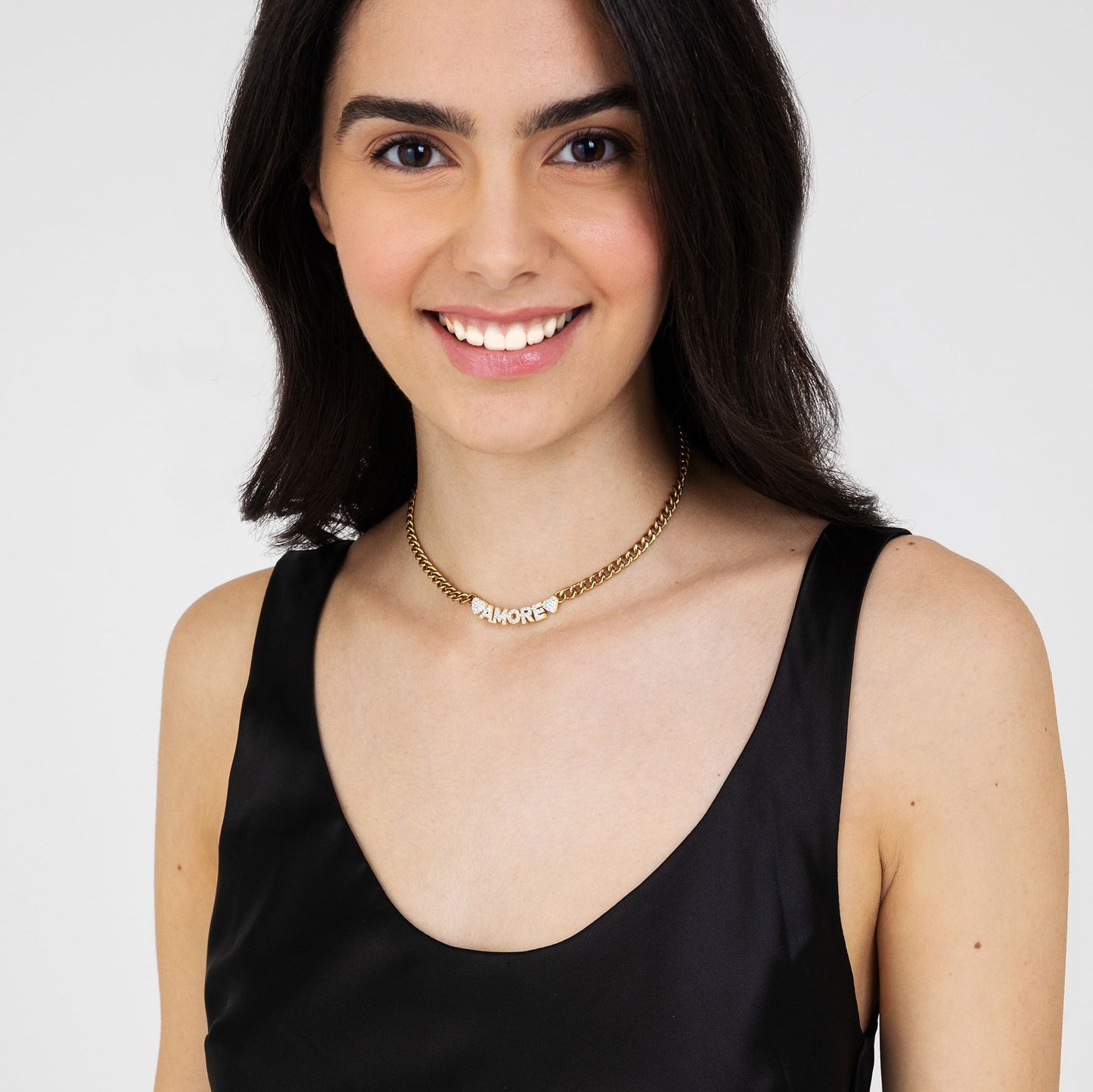 COLLANA DONNA IN ACCIAIO DORATO AMORE CON CRISTALLI BIANCHI