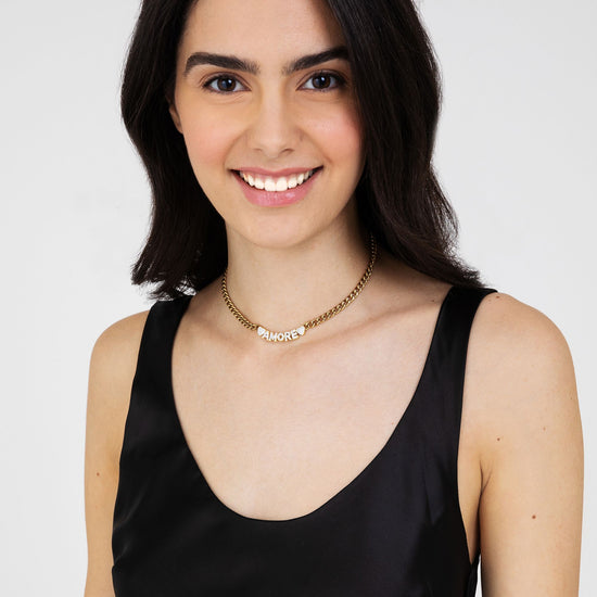 COLLANA DONNA IN ACCIAIO DORATO AMORE CON CRISTALLI BIANCHI