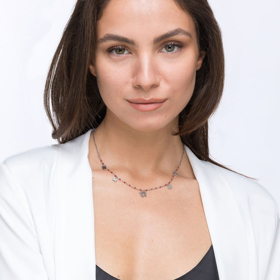 COLLANA IN ACCIAIO CON FARFALLE E PIETRE ROSSE