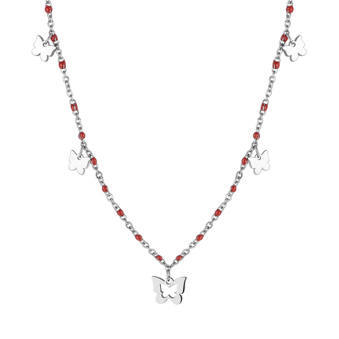 COLLANA IN ACCIAIO CON FARFALLE E PIETRE ROSSE