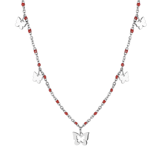 COLLANA IN ACCIAIO CON FARFALLE E PIETRE ROSSE