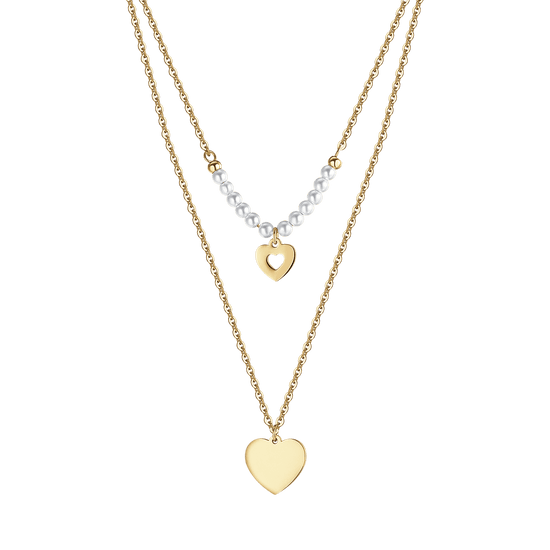 COLLANA DONNA IN ACCIAIO IP GOLD CON CUORI E PERLE BIANCHE