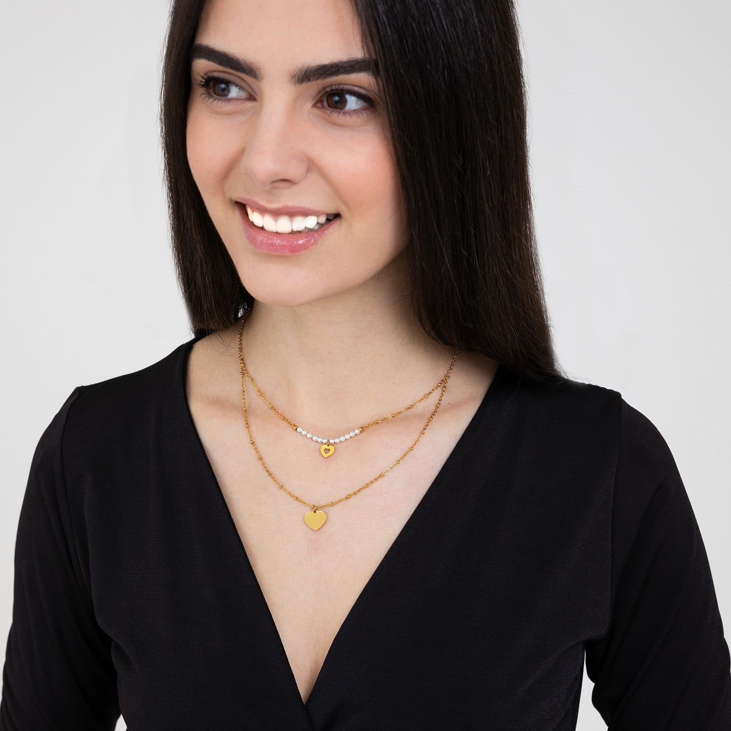 COLLANA DONNA IN ACCIAIO IP GOLD CON CUORI E PERLE BIANCHE