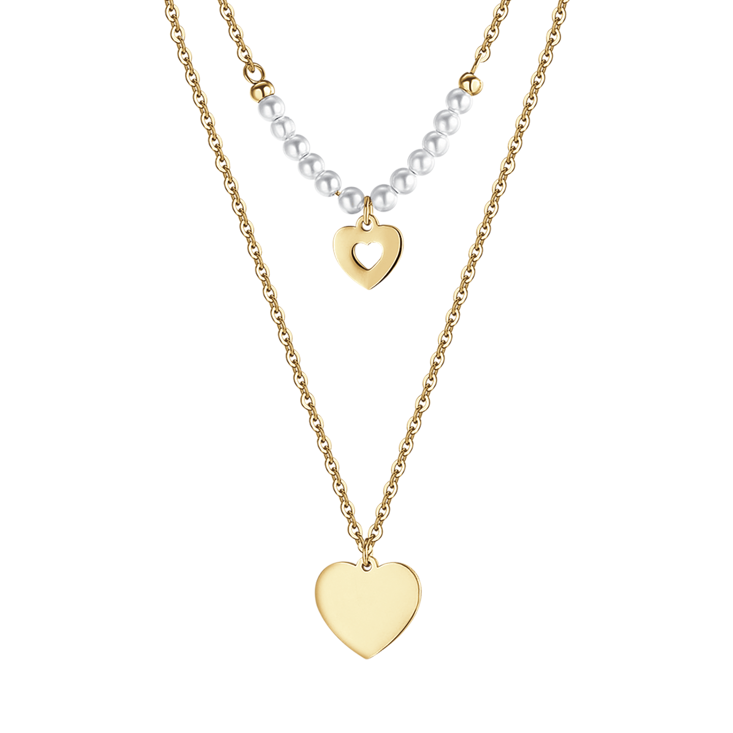 COLLANA DONNA IN ACCIAIO IP GOLD CON CUORI E PERLE BIANCHE