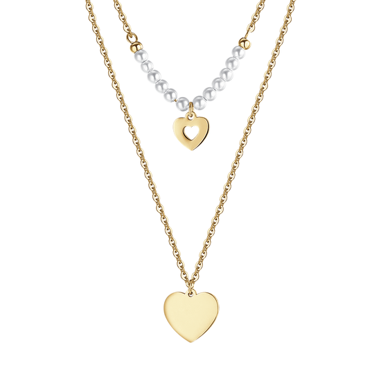 COLLANA DONNA IN ACCIAIO IP GOLD CON CUORI E PERLE BIANCHE
