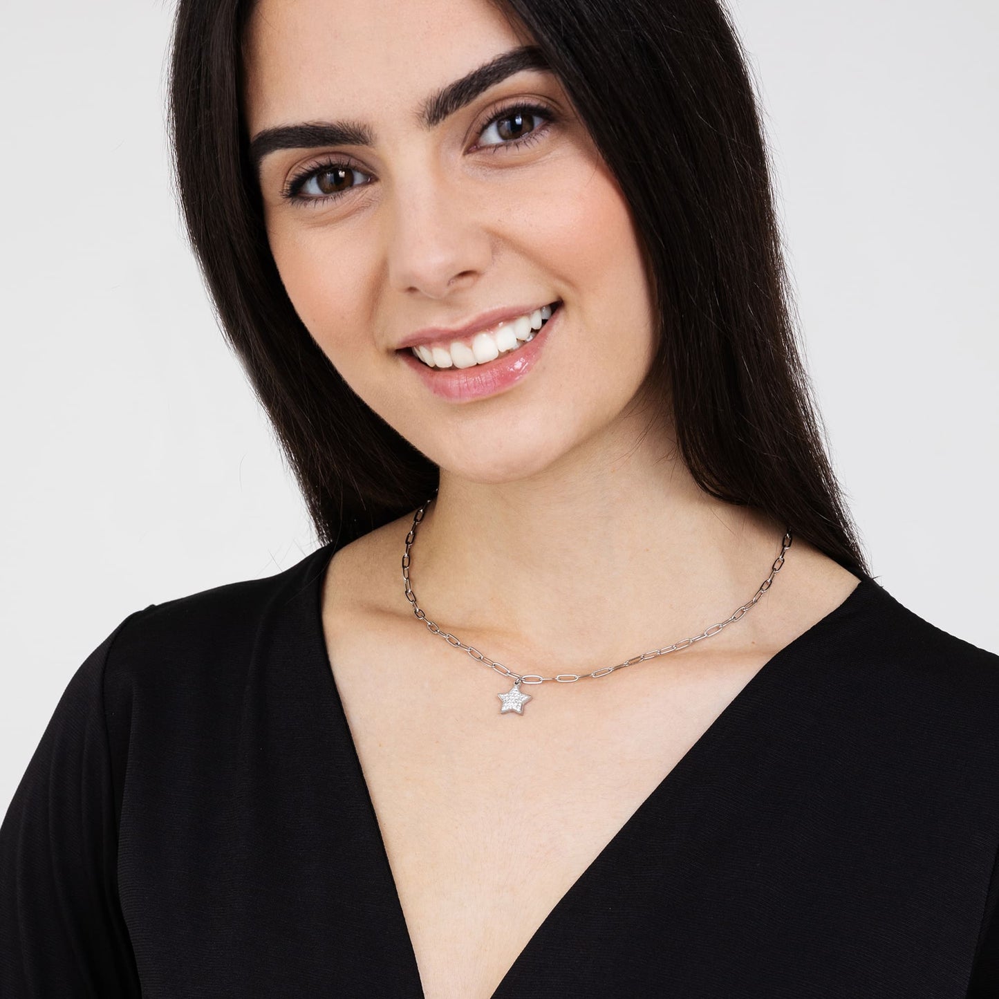 COLLANA DONNA IN ACCIAIO CON STELLA E CRISTALLI BIANCHI E MAGLIA CATENA