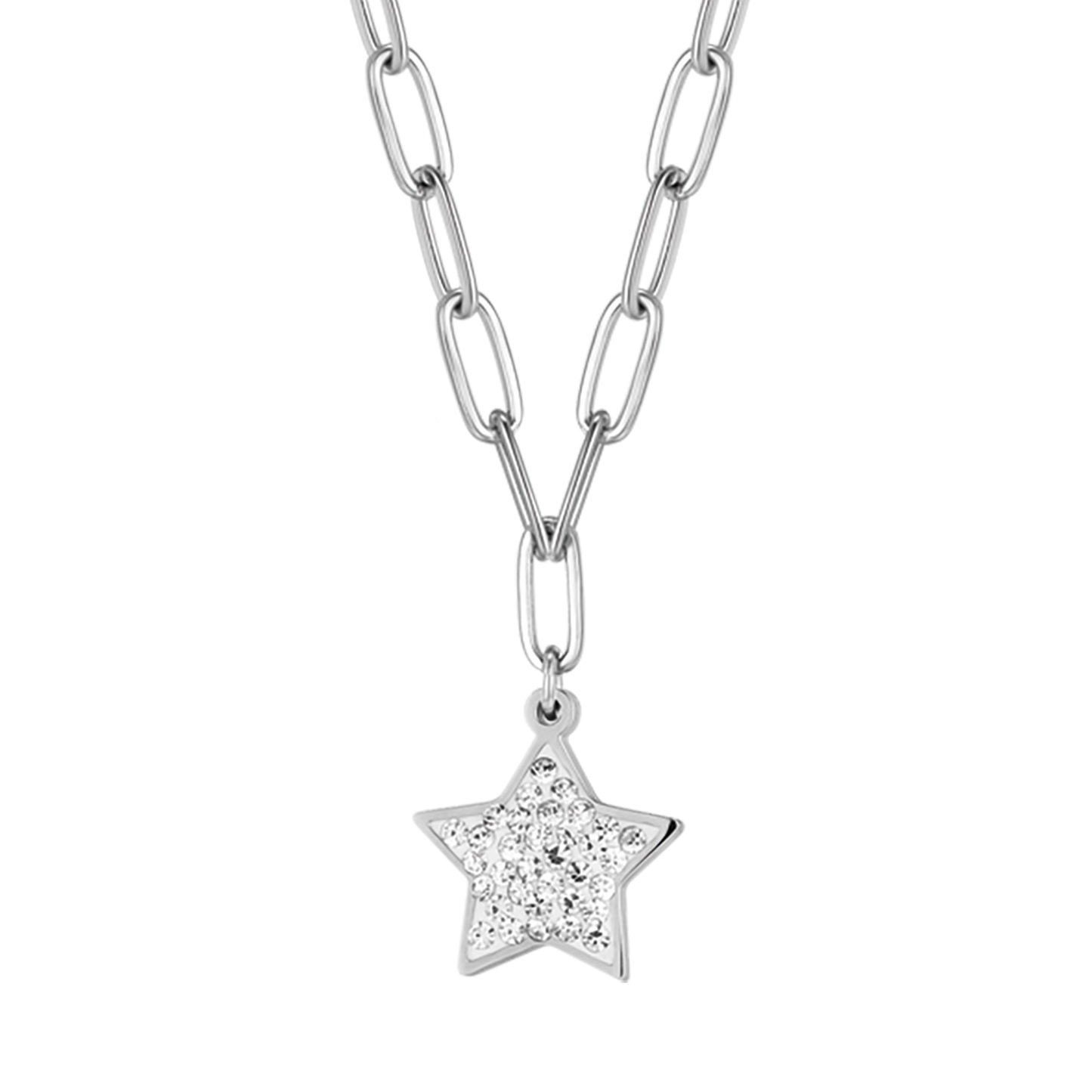 COLLANA DONNA IN ACCIAIO CON STELLA E CRISTALLI BIANCHI E MAGLIA CATENA