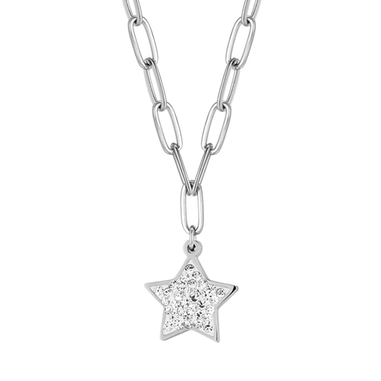 COLLANA DONNA IN ACCIAIO CON STELLA E CRISTALLI BIANCHI E MAGLIA CATENA