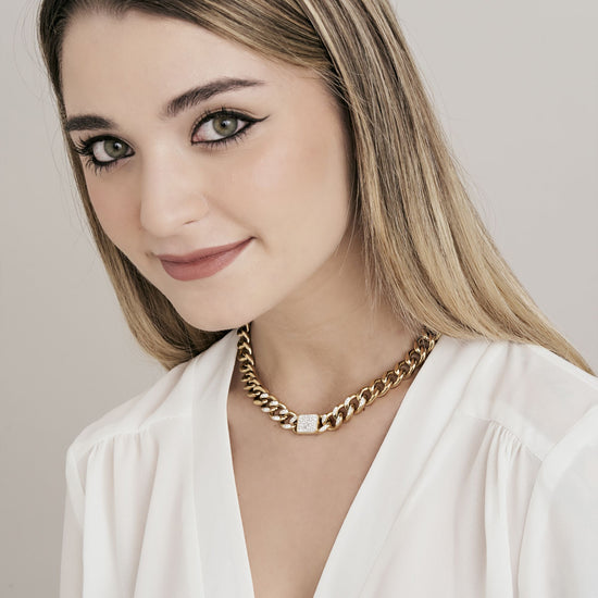 COLLANA DONNA IN ACCIAIO IP GOLD CON CRISTALLI BIANCHI PENDENTI E MAGLIA CATENA