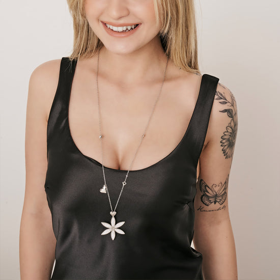 COLLANA DONNA LUNGA IN ACCIAIO CON FIORE DELLA VITA E CUORE
