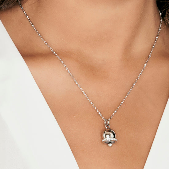 Collana Donna Acciaio Con Campanella Portafortuna E Cristalli - Regalo Con Scatola Incluso - Oro E Argento