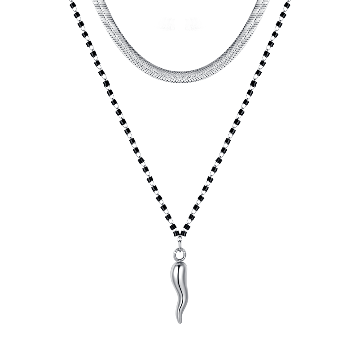 COLLANA DONNA IN ACCIAIO CON CORNO ED ELEMENTI NERI