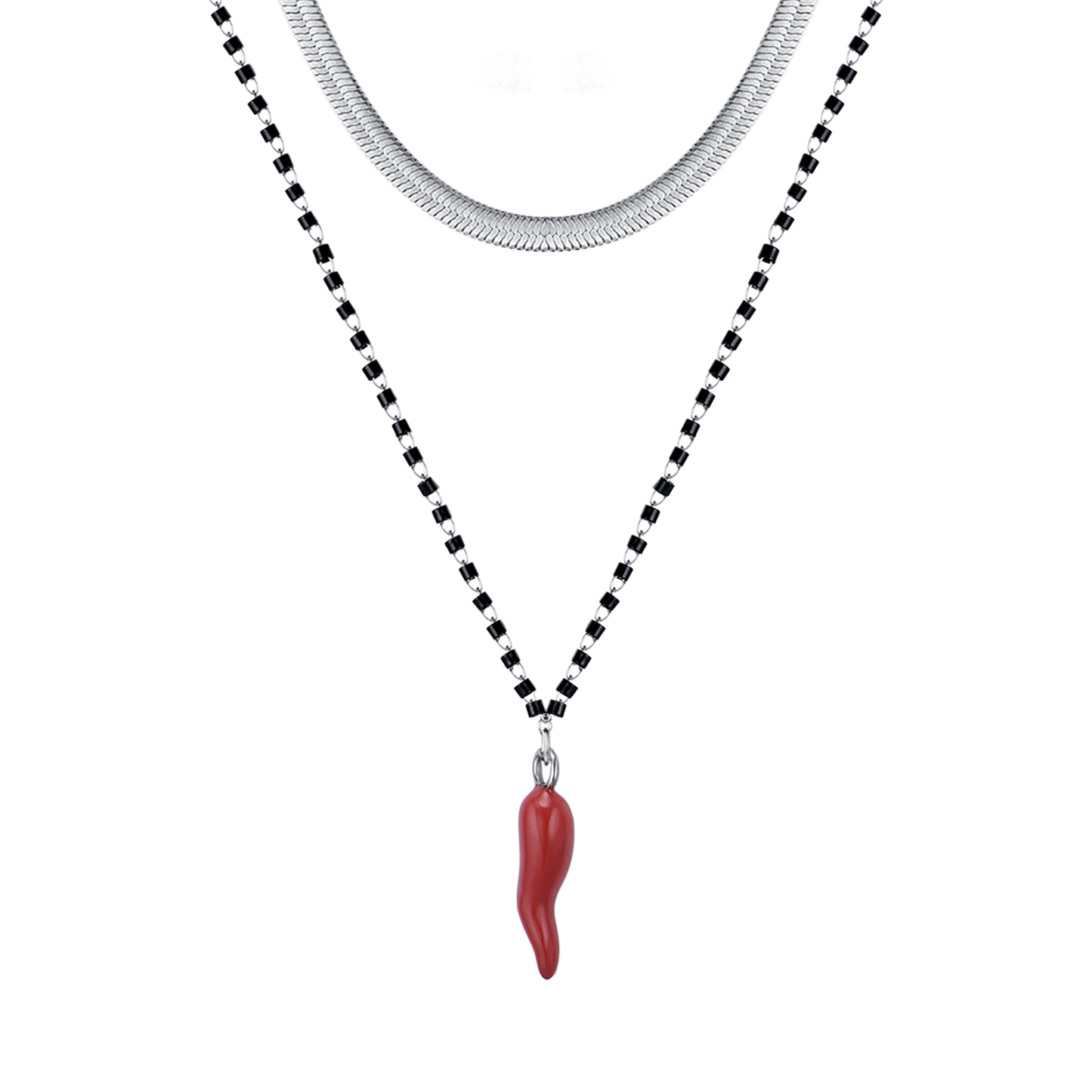 COLLANA DONNA IN ACCIAIO CON CORNO CON SMALTO ROSSO ED ELEMENTI NERI