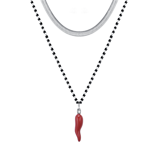 COLLANA DONNA IN ACCIAIO CON CORNO CON SMALTO ROSSO ED ELEMENTI NERI