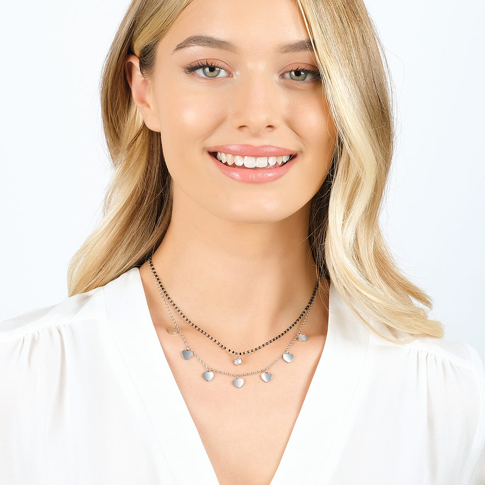 COLLANA DONNA IN ACCIAIO CON CUORI, ELEMENTI IP NERO E CRISTALLO BIANCO