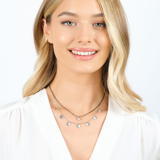 COLLANA DONNA IN ACCIAIO CON CUORI, ELEMENTI IP NERO E CRISTALLO BIANCO