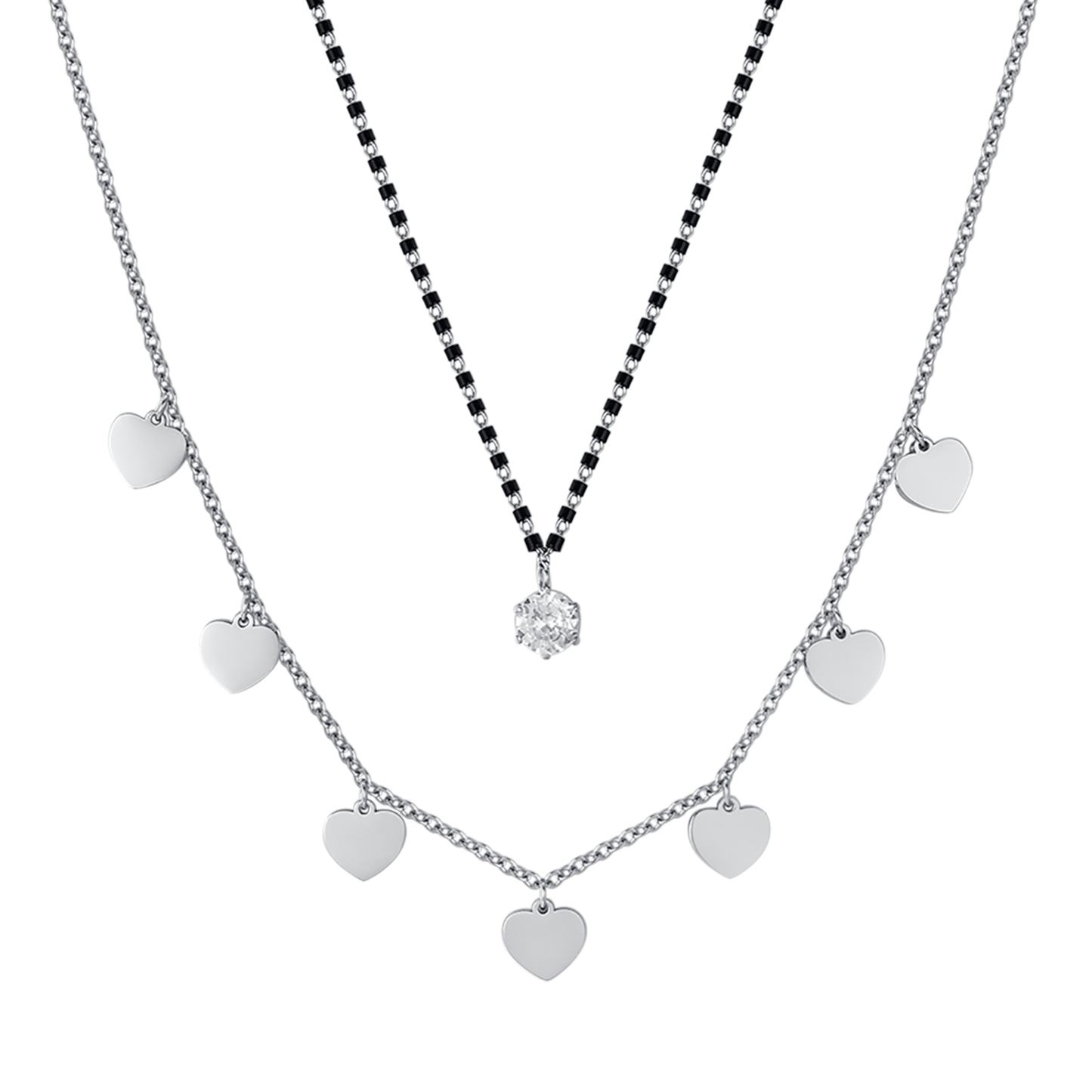 COLLANA DONNA IN ACCIAIO CON CUORI, ELEMENTI IP NERO E CRISTALLO BIANCO