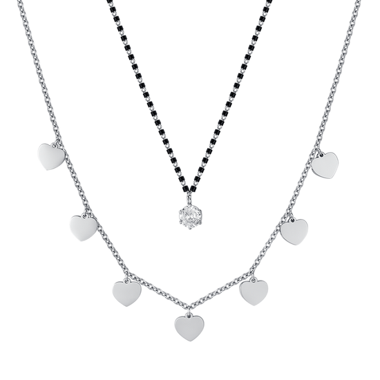 COLLANA DONNA IN ACCIAIO CON CUORI, ELEMENTI IP NERO E CRISTALLO BIANCO