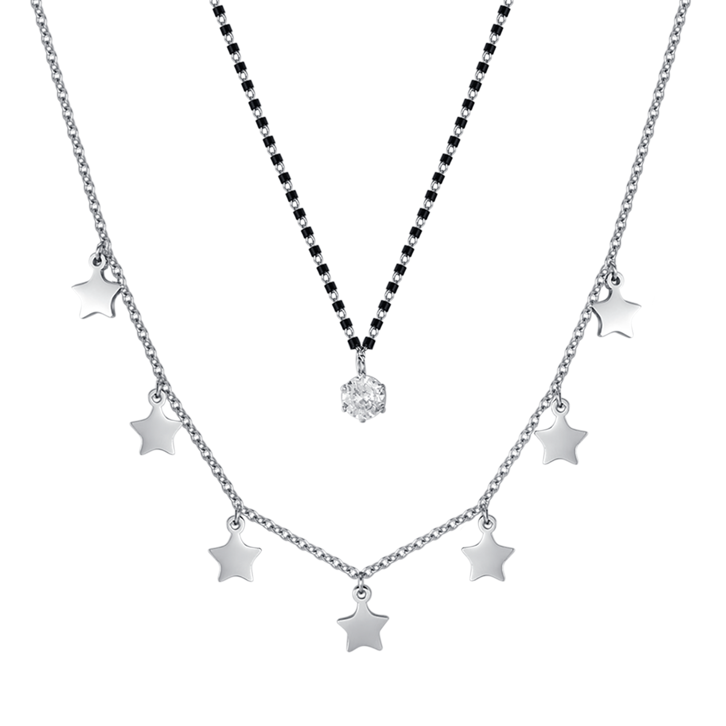 COLLANA DONNA IN ACCIAIO CON STELLE, ELEMENTI IP NERO E CRISTALLO BIANCO