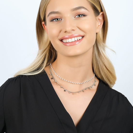 COLLANA DONNA IN ACCIAIO CON PERLE BIANCHE, STELLE E CRISTALLI