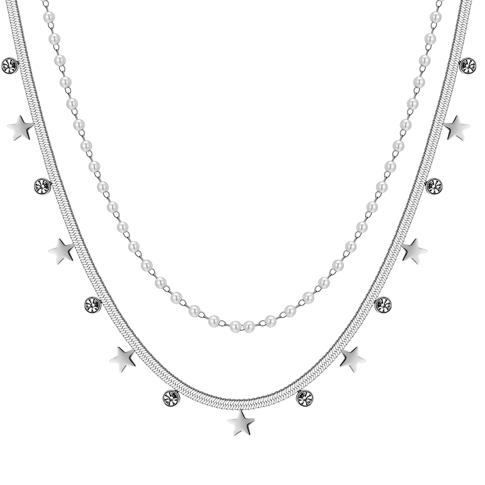 COLLANA DONNA IN ACCIAIO CON PERLE BIANCHE, STELLE E CRISTALLI