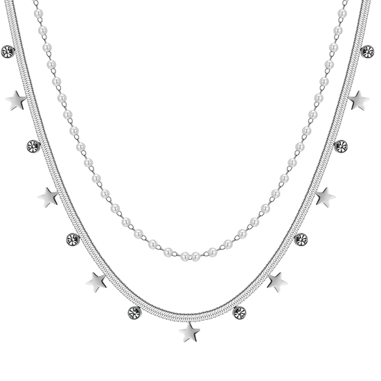 COLLANA DONNA IN ACCIAIO CON PERLE BIANCHE, STELLE E CRISTALLI