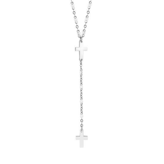 COLLANA ROSARIO DONNA IN ACCIAIO CON CROCI ED ELEMENTI BIANCHI