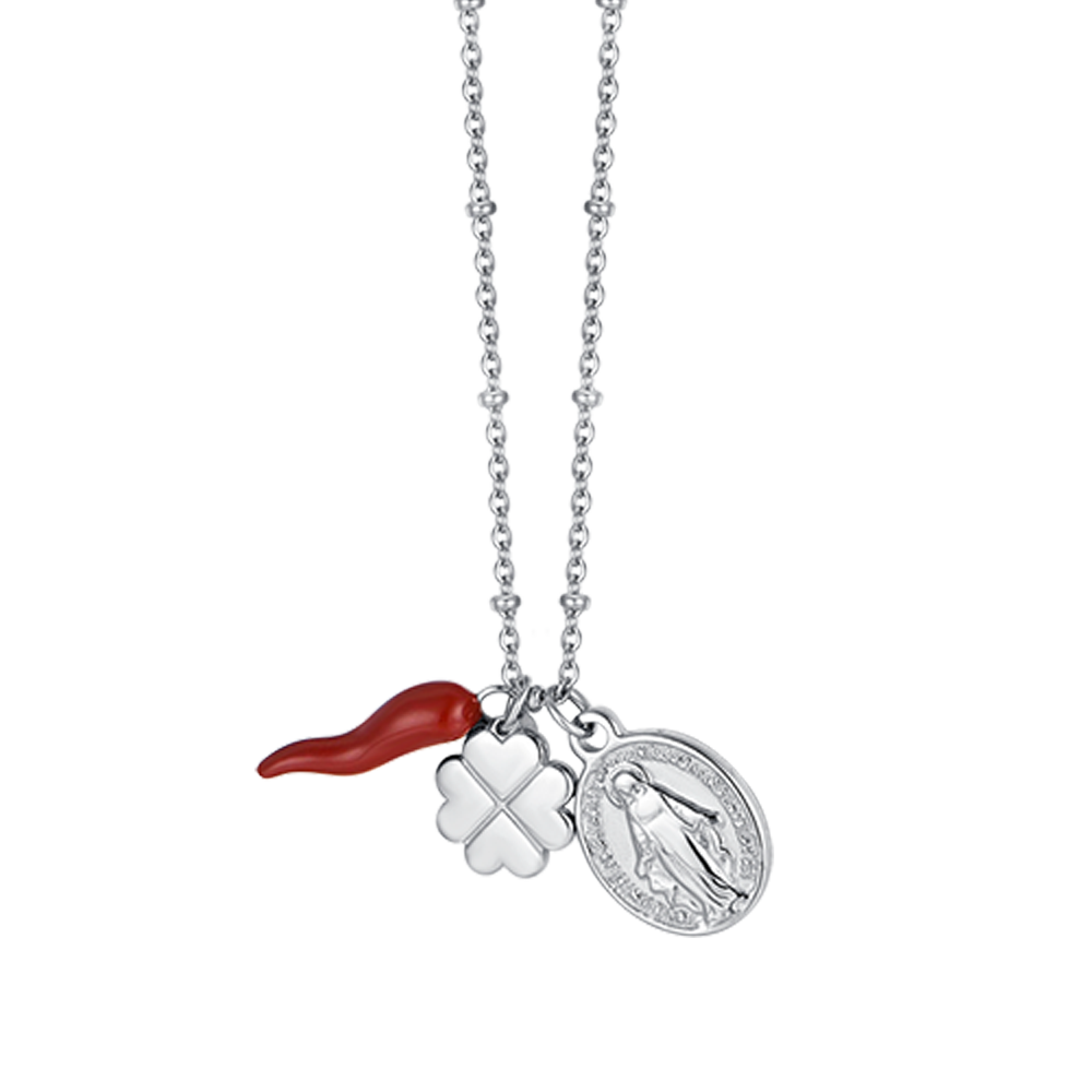 COLLANA DONNA IN ACCIAIO CON CHARM QUADRIFOGLIO, CORNO E MADONNA
