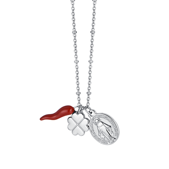 COLLANA DONNA IN ACCIAIO CON CHARM QUADRIFOGLIO, CORNO E MADONNA