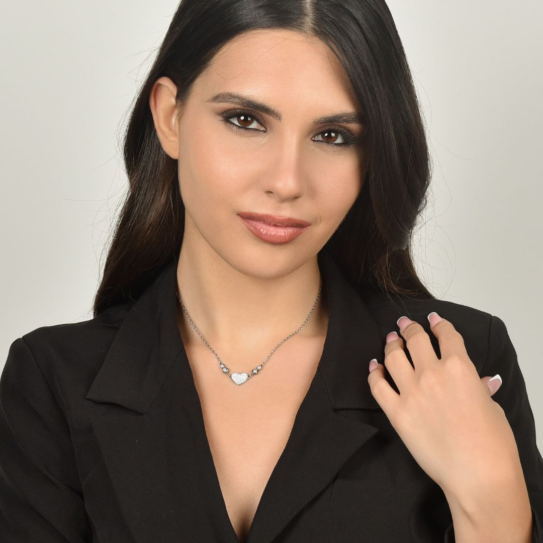 COLLANA DONNA IN ACCIAIO CON CUORE CON CRISTALLI BIANCHI