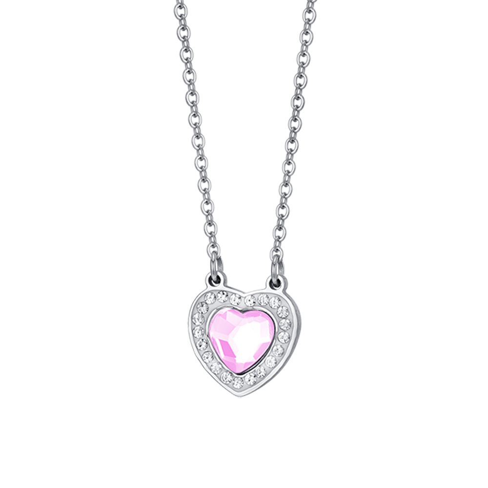 COLLANA DONNA IN ACCIAIO CUORE CRISTALLO ROSA E CRISTALLI BIANCHI