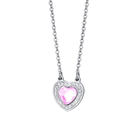 COLLANA DONNA IN ACCIAIO CUORE CRISTALLO ROSA E CRISTALLI BIANCHI