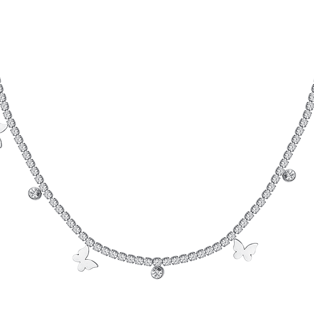 COLLANA TENNIS DONNA IN ACCIAIO CON CRISTALLI BIANCHI E FARFALLE