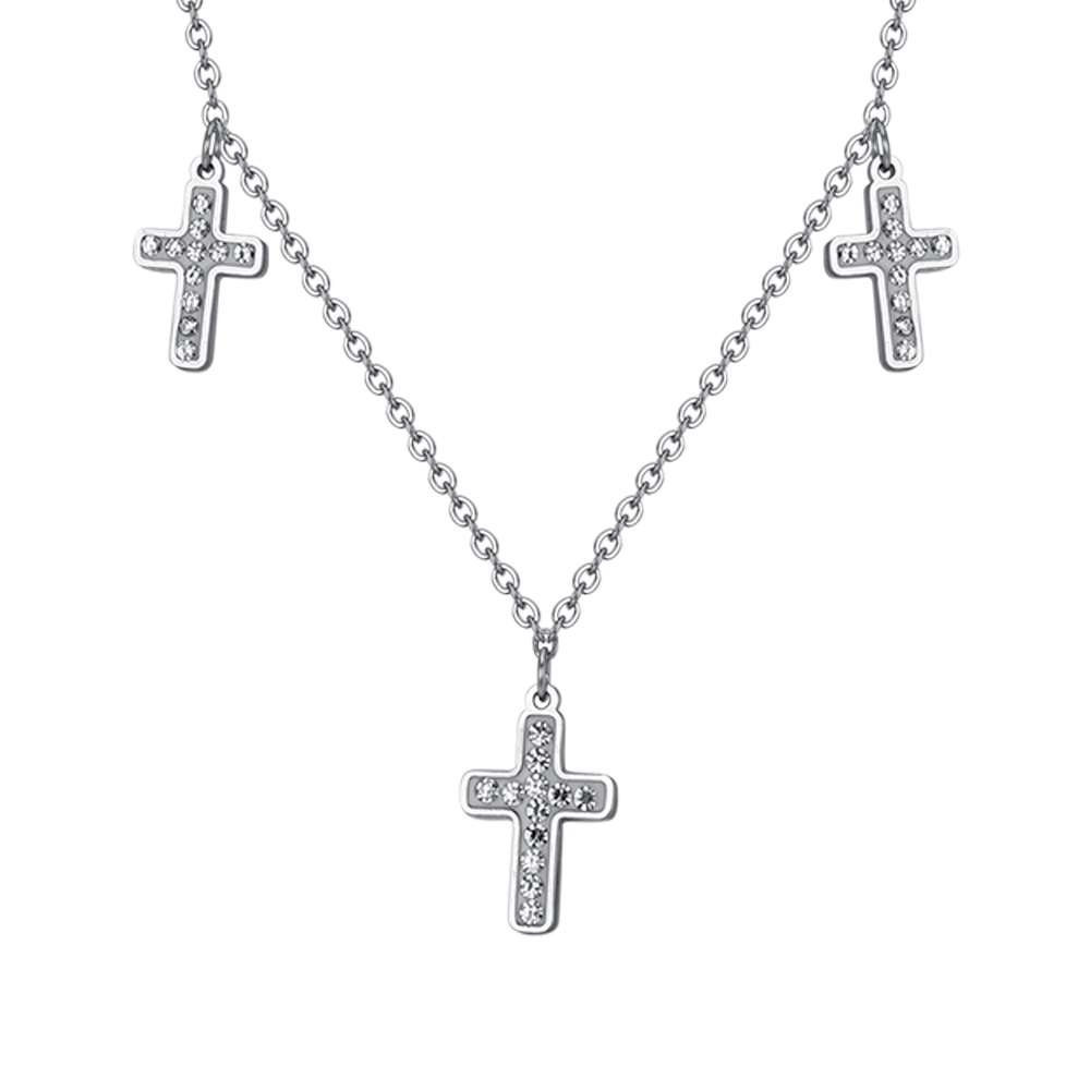 COLLANA DONNA IN ACCIAIO CROCI CON CRISTALLI BIANCHI