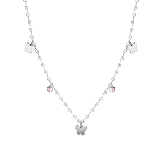 COLLANA DONNA IN ACCIAIO PERLE CON FARFALLE