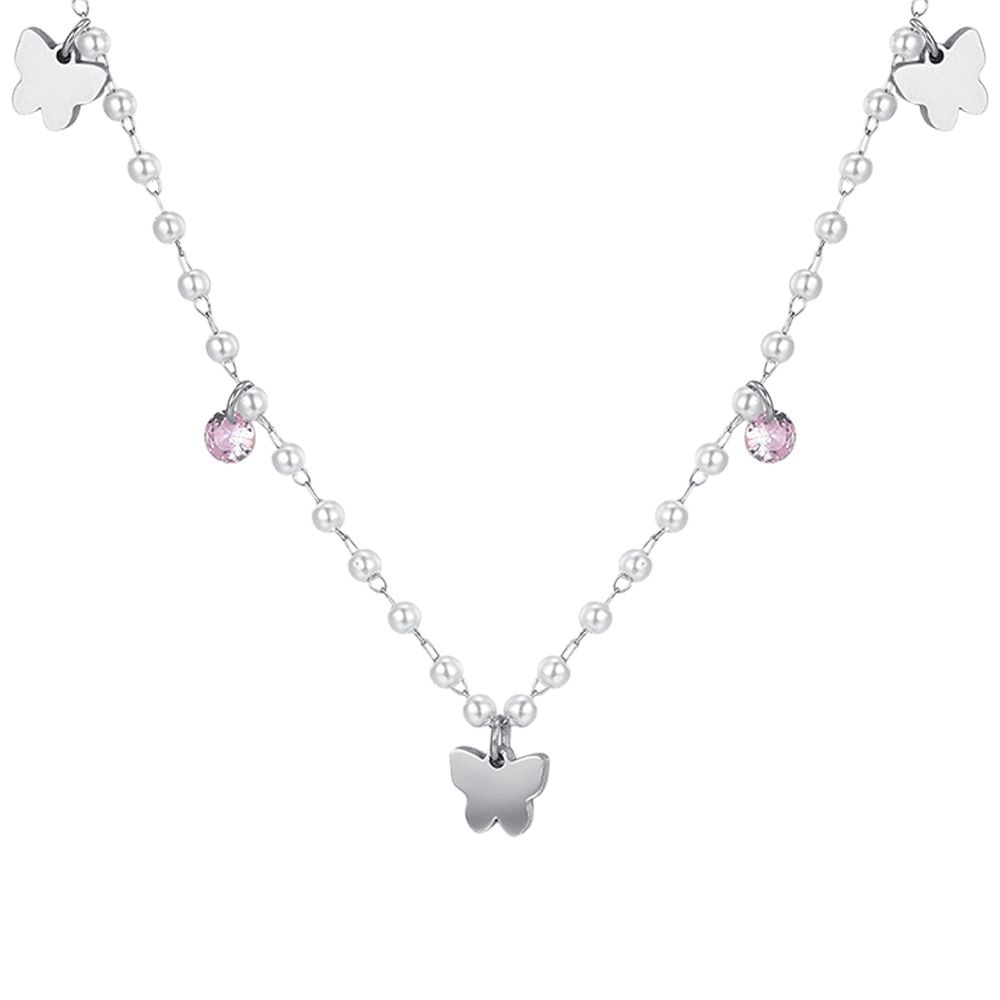 COLLANA DONNA IN ACCIAIO PERLE CON FARFALLE