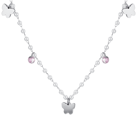 COLLANA DONNA IN ACCIAIO PERLE CON FARFALLE