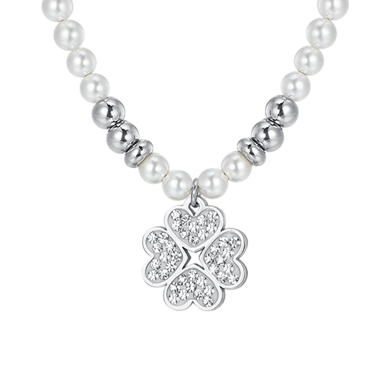 COLLANA DONNA IN ACCIAIO CON PERLE E QUADRIFOGLIO