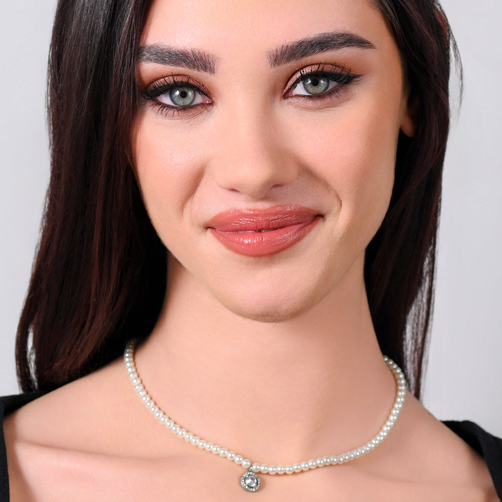 COLLANA DONNA IN ACCIAIO PERLE E ZIRCONE BIANCO
