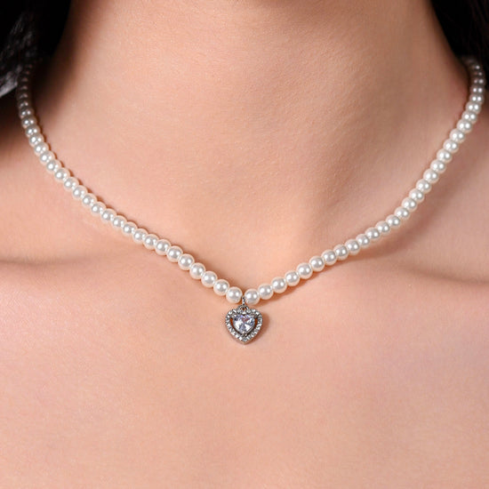 COLLANA DONNA IN ACCIAIO PERLE E CUORE ZIRCONE BIANCO Luca Barra