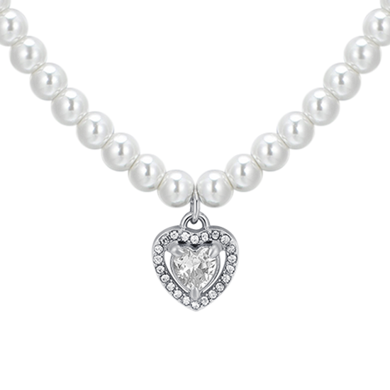 COLLANA DONNA IN ACCIAIO PERLE E CUORE ZIRCONE BIANCO
