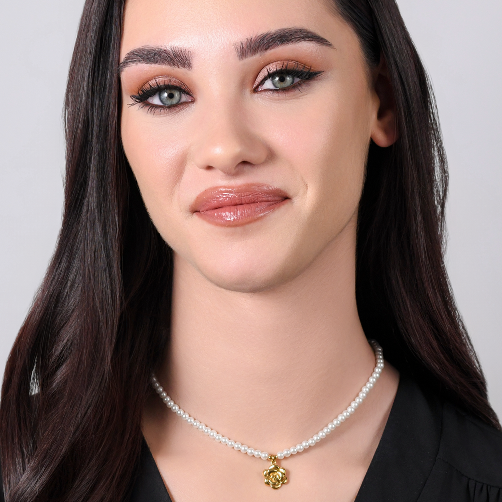 COLLANA DONNA IN ACCIAIO IP GOLD PERLE E ROSA