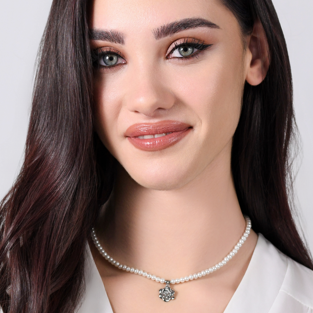 COLLANA DONNA IN ACCIAIO PERLE E ROSA IN ACCIAIO