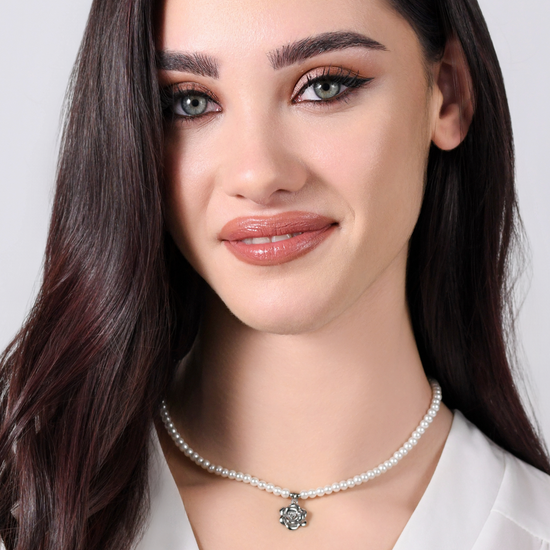 COLLANA DONNA IN ACCIAIO PERLE E ROSA IN ACCIAIO