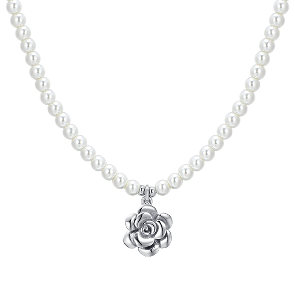 COLLANA DONNA IN ACCIAIO PERLE E ROSA IN ACCIAIO