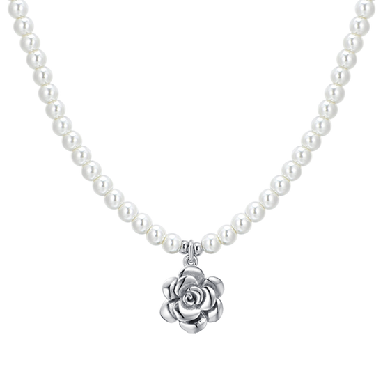 COLLANA DONNA IN ACCIAIO PERLE E ROSA IN ACCIAIO
