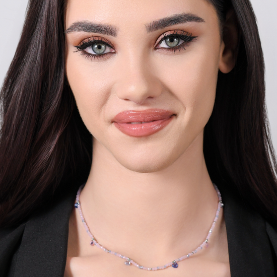 COLLANA DONNA IN ACCIAIO PIETRE ROSA E CRISTALLI MULTICOLOR