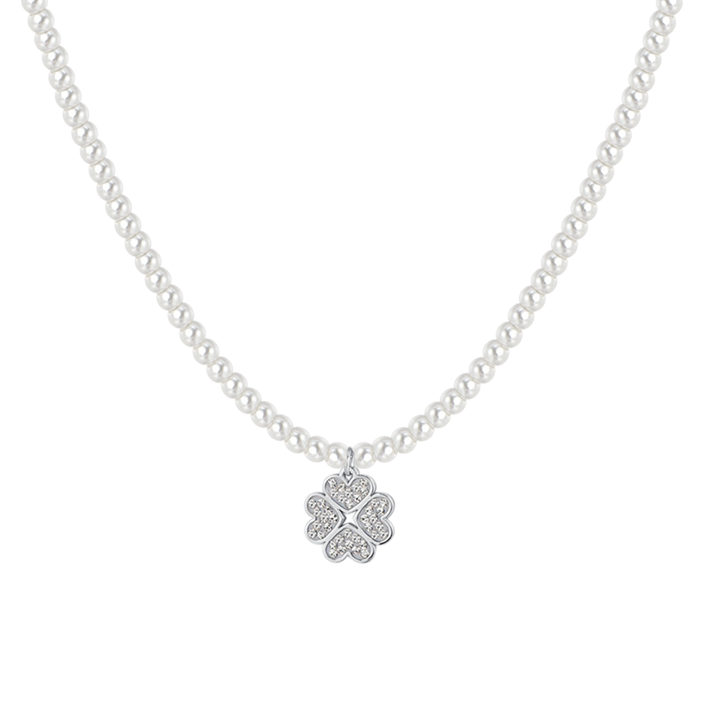 COLLANA DONNA IN ACCIAIO PERLE E QUADRIFOGLIO