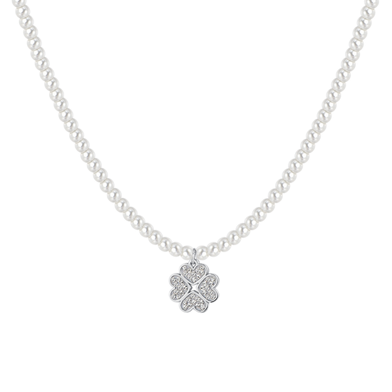 COLLANA DONNA IN ACCIAIO PERLE E QUADRIFOGLIO