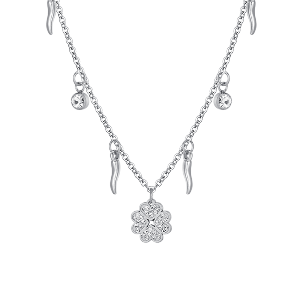 COLLANA DONNA IN ACCIAIO QUADRIFGOLIO E CORNI